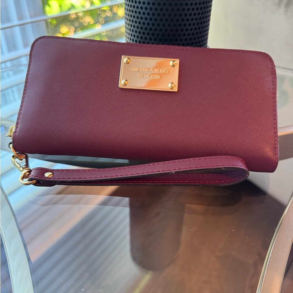 Michael Kors Maroon Wristlet with Gold Accents